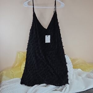 Black Textured FRINGE Spaghetti Strap Slip Dress Large Mini Dress